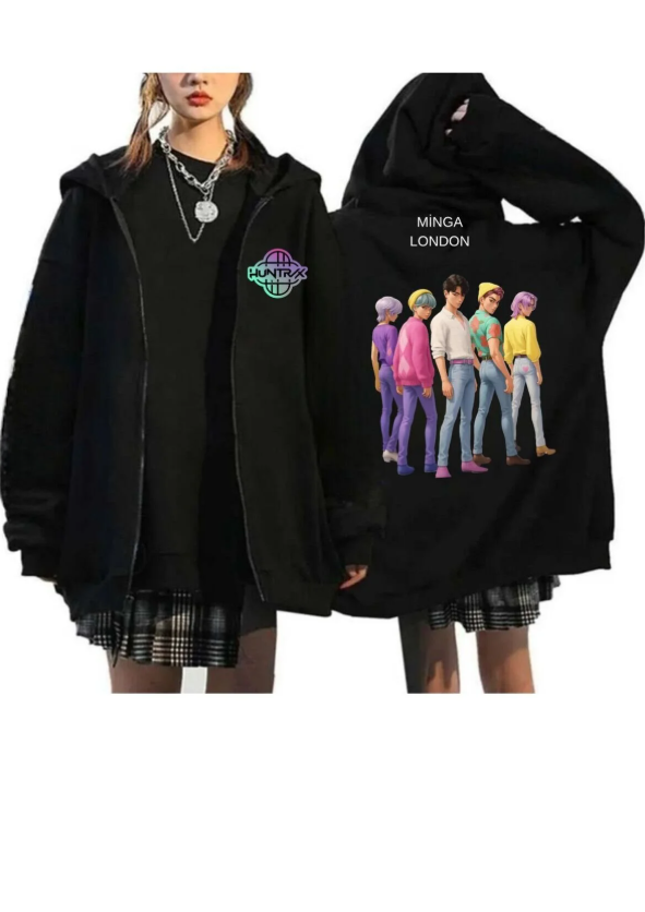 Unisex Huntrx Stil Renkli Baskılı Siyah Oversize Fermuarlı Sweatshirt Hırka