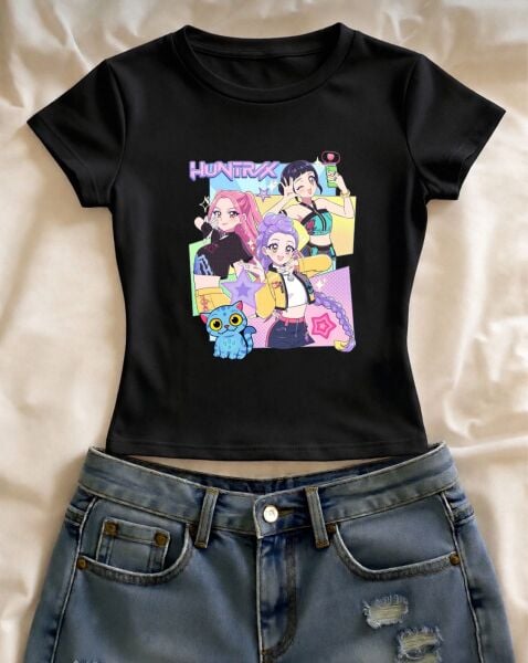 Huntrix Anime Baskılı Siyah Kemer Boy Y2K Kısa Kollu Crop