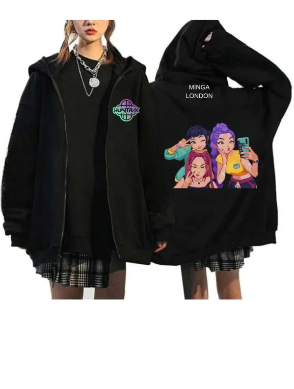 Unisex Huntrx Selfie Stil Renkli Baskılı Siyah Oversize Fermuarlı Sweatshirt Hırka