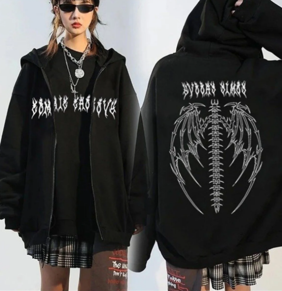 Touz Fermuarlı Siyah Tribal Gothic Wings (Unisex) Kapşonlu Hırka