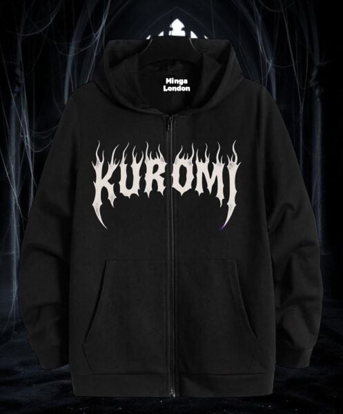 Unisex Kuromi Stil Baskılı Siyah Oversize Fermuarlı Sweatshirt Hırka
