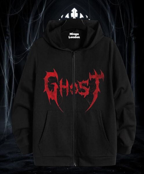 Unisex Ghost Stil Baskılı Siyah Oversize Fermuarlı Sweatshirt Hırka