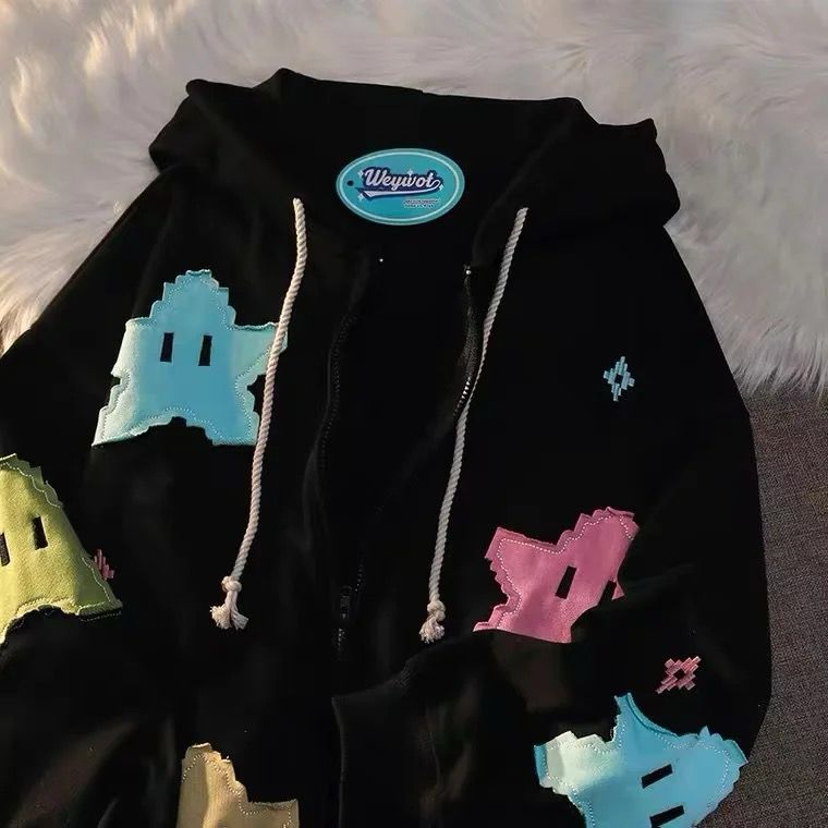 Siyah Pixel Stars Kalın Kumaş Fermuarlı (Unisex) Kapüşonlu