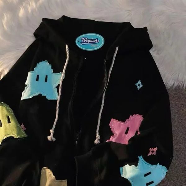 Siyah Pixel Stars Kalın Kumaş Fermuarlı (Unisex) Kapüşonlu
