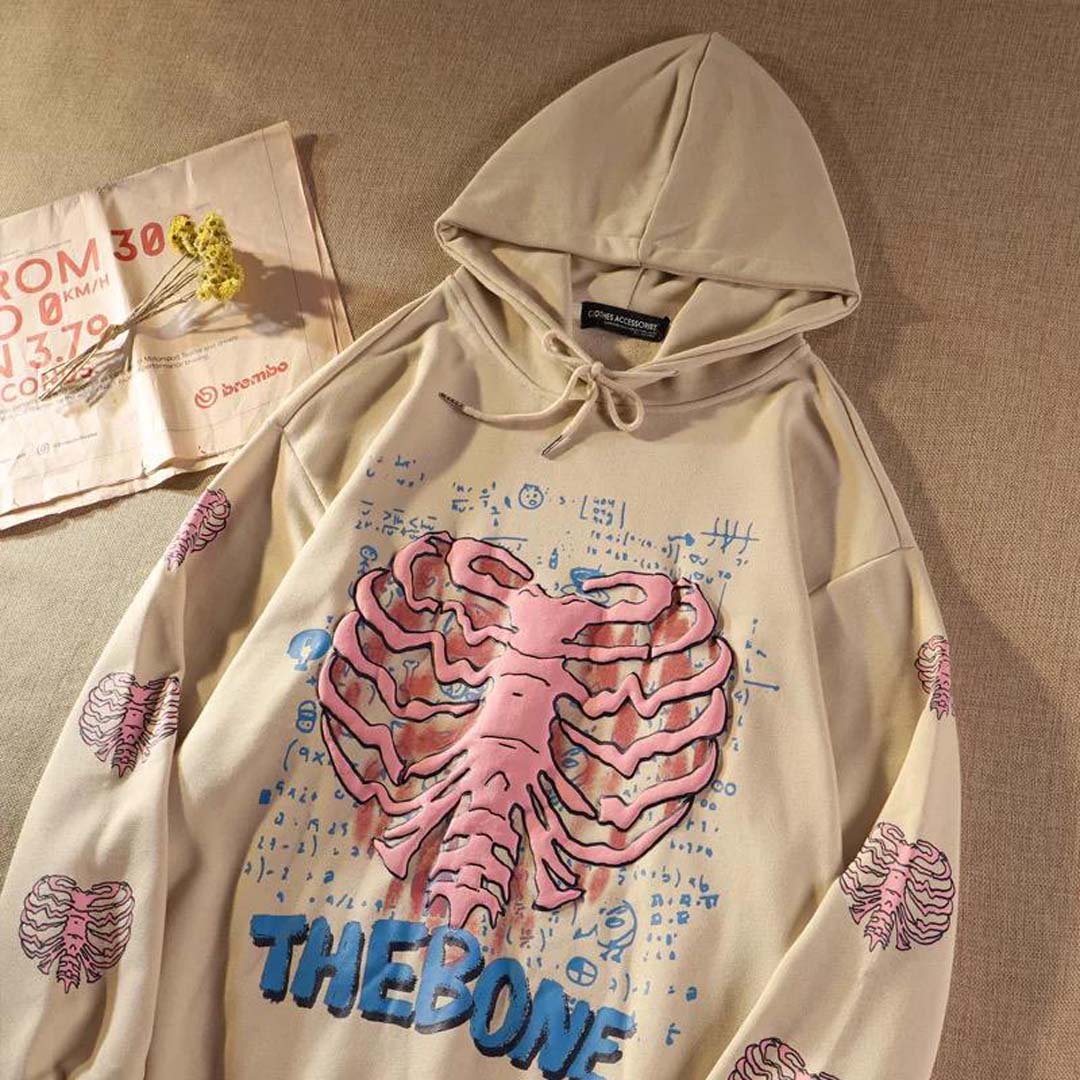 Bej The Bone Skeleton Heart Kalın Kumaş (Unisex) Kapşonlu