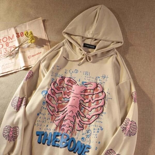 Bej The Bone Skeleton Heart Kalın Kumaş (Unisex) Kapşonlu