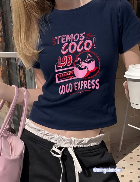 Temos Coco Coco Express Baskılı Lacivert Kemer Boy Y2K Kısa Kollu Crop