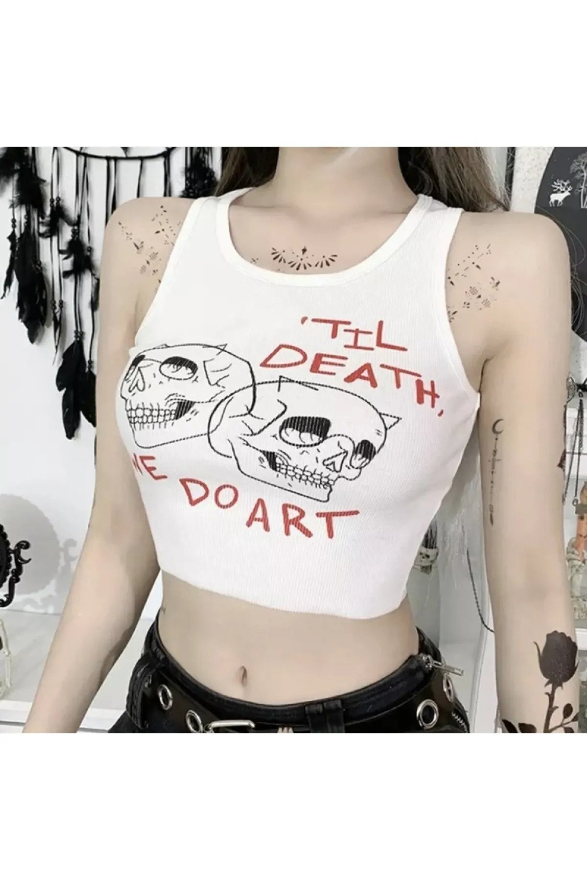 Nefigo Til Death We Do Art Beyaz Askılı Kadın Crop (yarım) T-shirt