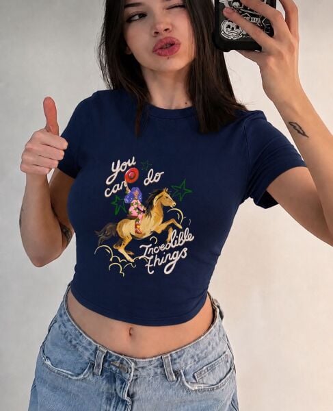 You Can Do Incedıble Thıngs Baskılı Lacivert Kemer Boy Y2K Kısa Kollu Crop