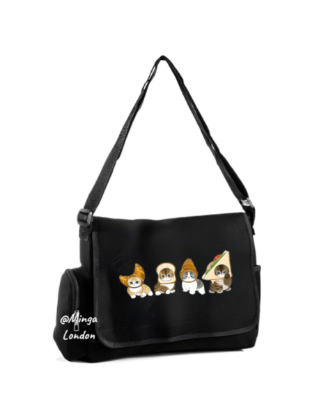 Siyah Cute Breakfast Cats Postacı Çantası