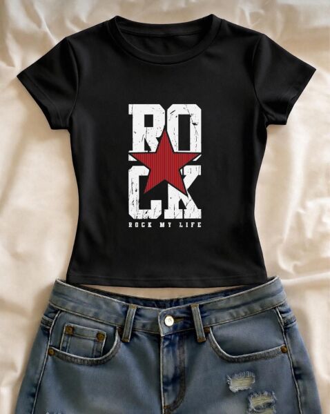 Rock Baskılı Siyah Kemer Boy Y2K Kısa Kollu Crop