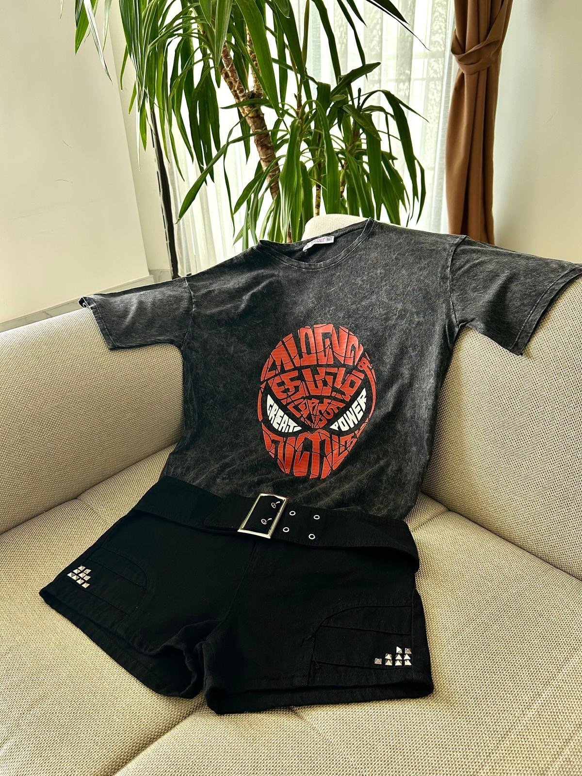 Spiderman Head Yıkamalı Siyah Tişört