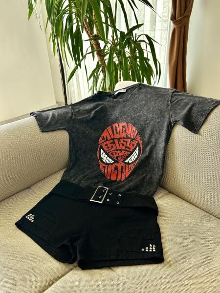 Spiderman Head Yıkamalı Siyah Tişört