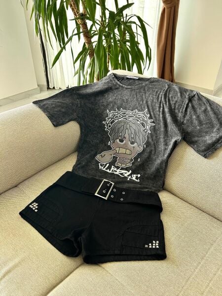 Crown Boy Yıkamalı Siyah Tişört