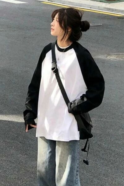 Beyaz Unisex Reglan Uzun Kol Tişört