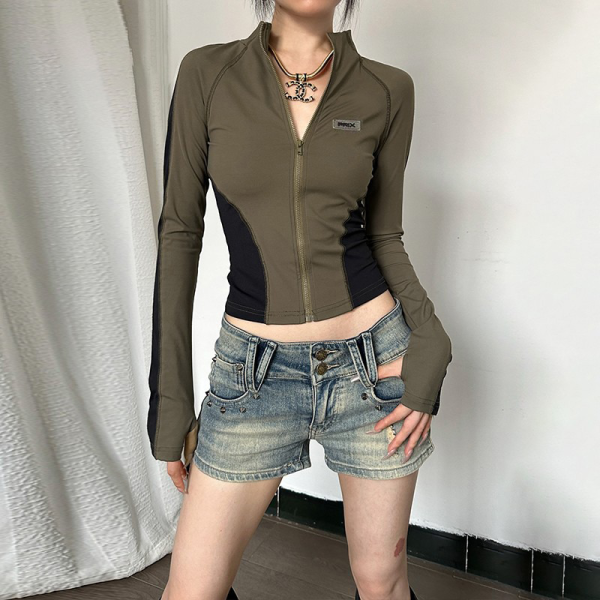Haki Prix Fermuarlı Uzun Kollu Crop