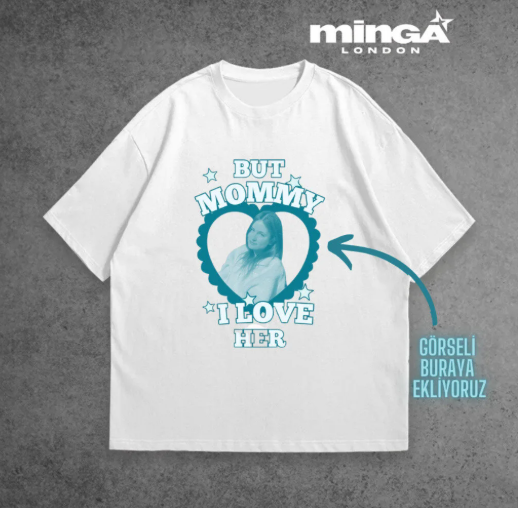Beyaz Kişiye Özel Tasarlanan Turkuaz Kalp Fotoğraflı Yazılı Oversize Tshirt