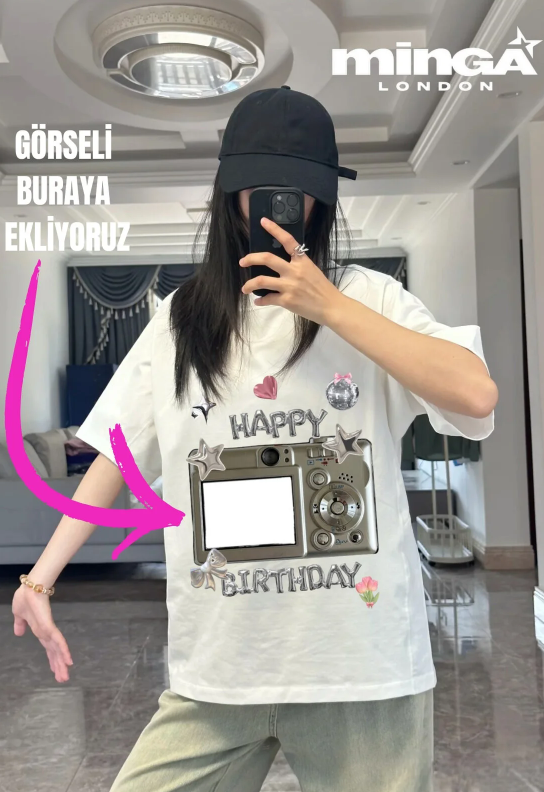 Happy Birthday Camera Kişiye Özel Baskılı Beyaz Oversize Tshirt
