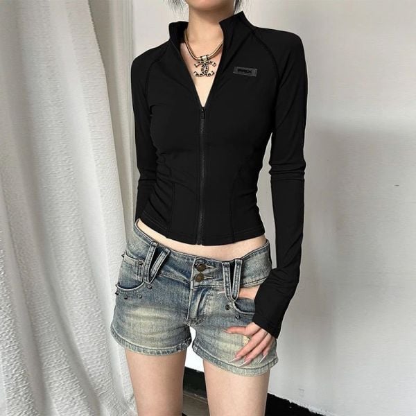 Siyah Prix Fermuarlı Uzun Kollu Crop