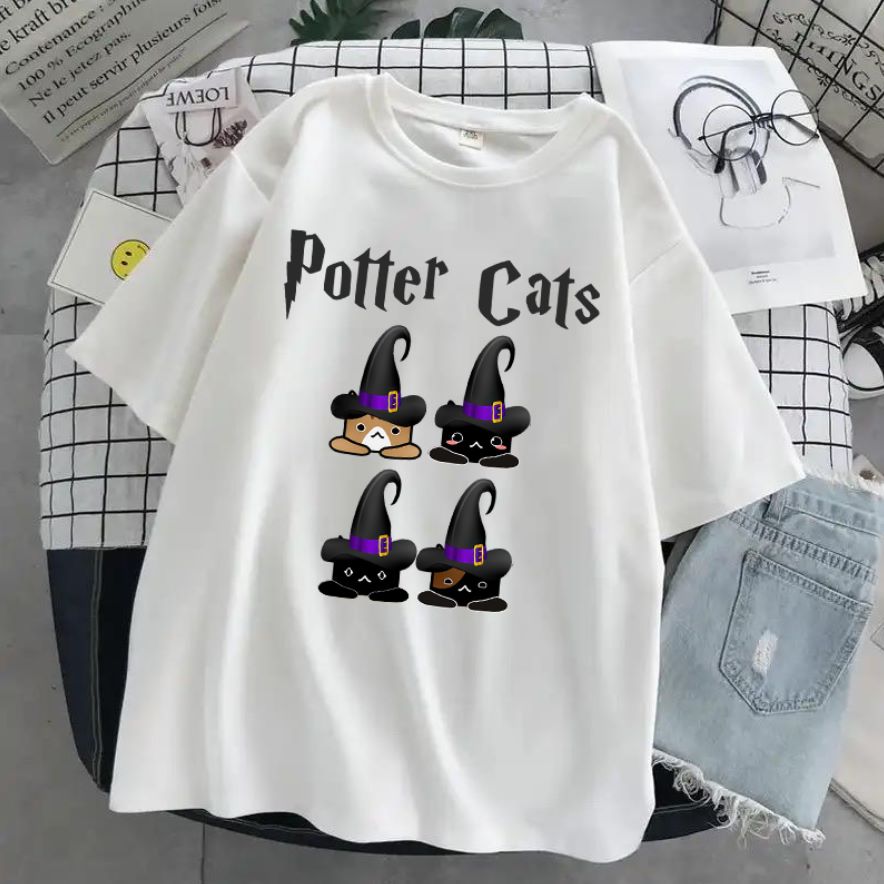 Potter Cats Baskılı Beyaz Unisex Oversize T-shirt