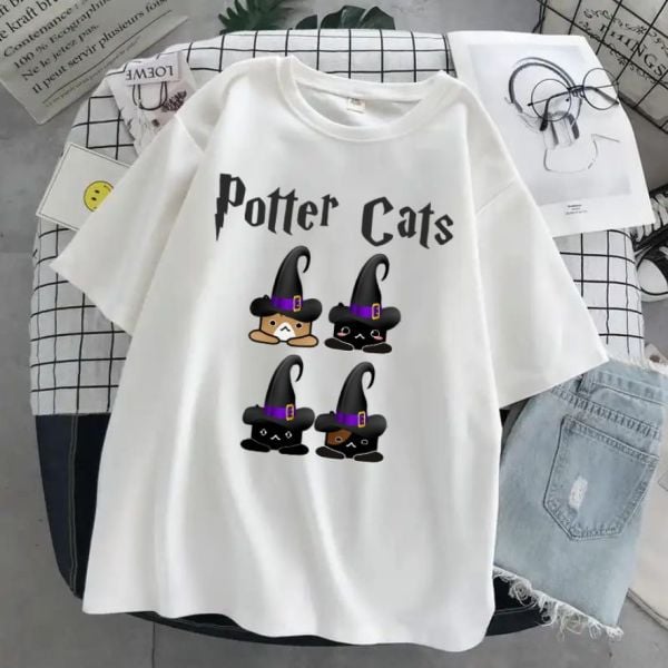 Potter Cats Baskılı Beyaz Unisex Oversize T-shirt
