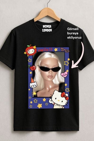 Kişiye Özel Hello Kitty Çerçeve Baskılı Siyah Oversize T-shirt