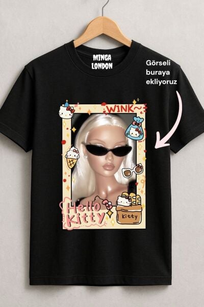 Kişiye Özel Hello Kitty Çerçeve Baskılı Siyah Oversize T-shirt