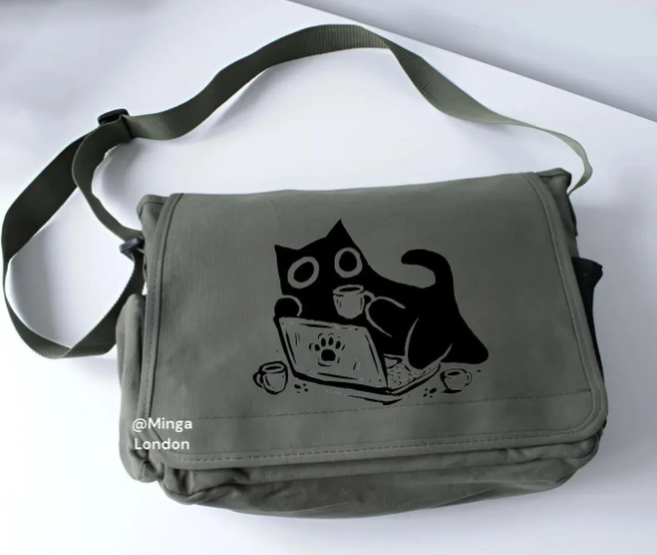 Haki Laptop Cat Baskılı Postacı Çantası