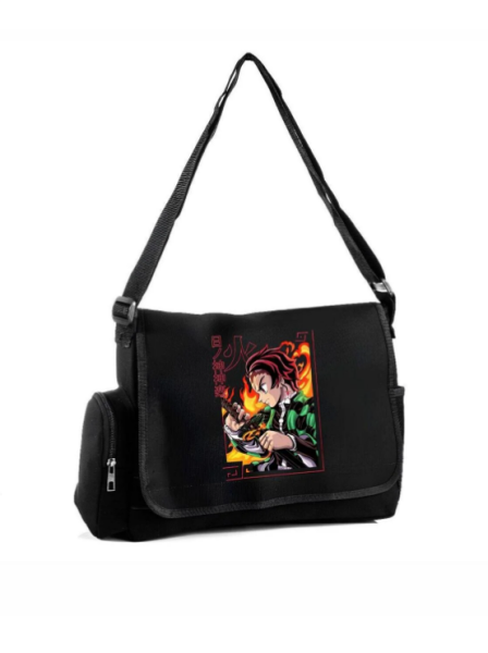 Siyah Demon Slayer Baskılı Postacı Çantası