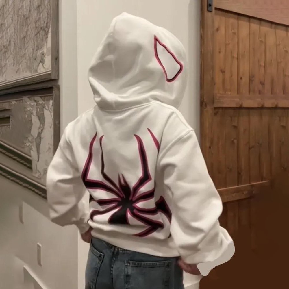 Beyaz Kapüşonlu Sırt Baskılı Spiderman Maske Hırka
