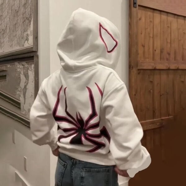 Beyaz Kapüşonlu Sırt Baskılı Spiderman Maske Hırka