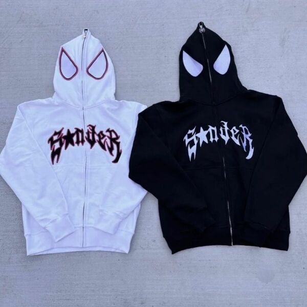 Beyaz Kapüşonlu Sırt Baskılı Spiderman Maske Hırka