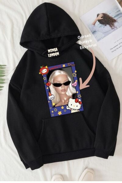 Kişiye Özel Siyah Hello Kitty Çerçeve Baskılı Oversize Sweatshirt
