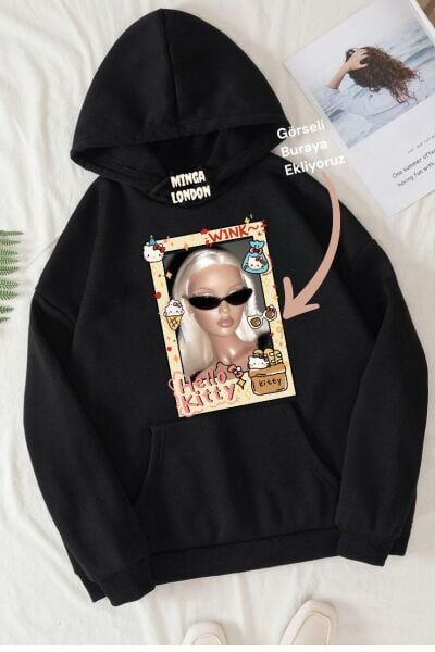 Kişiye Özel Siyah Hello Kitty Çerçeve Baskılı Oversize Sweatshirt
