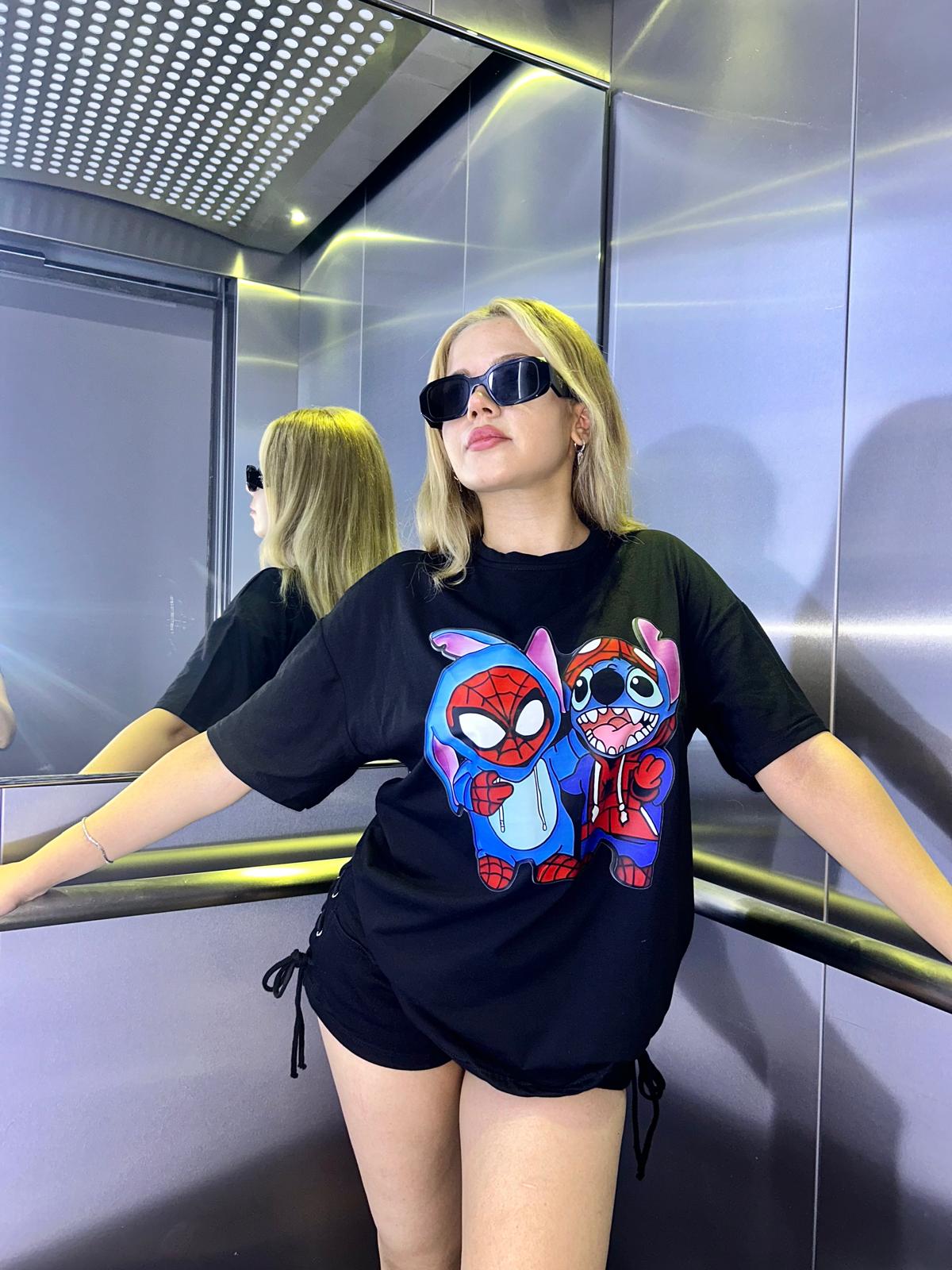 Spiderman&Stitch Siyah T-Shirt