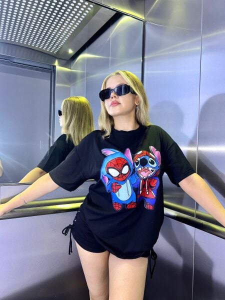 Spiderman&Stitch Siyah T-Shirt