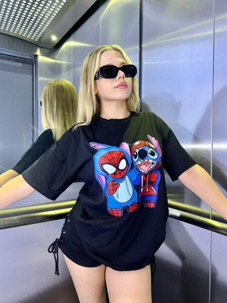 Spiderman&Stitch Siyah T-Shirt