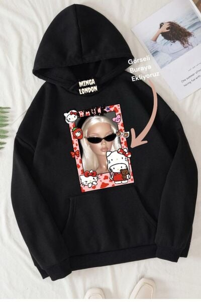 Kişiye Özel Siyah Hello Kitty Çerçeve Baskılı Oversize Sweatshirt