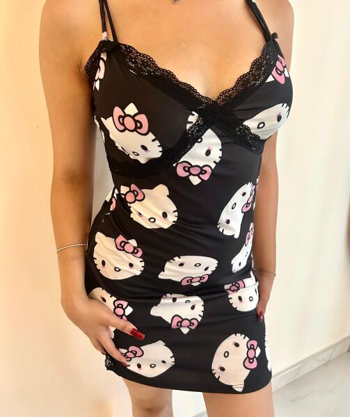 Siyah Hello Kitty Saten Gecelik