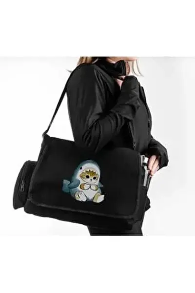 Siyah Shark Cat Cute Baskılı Postacı Çantası