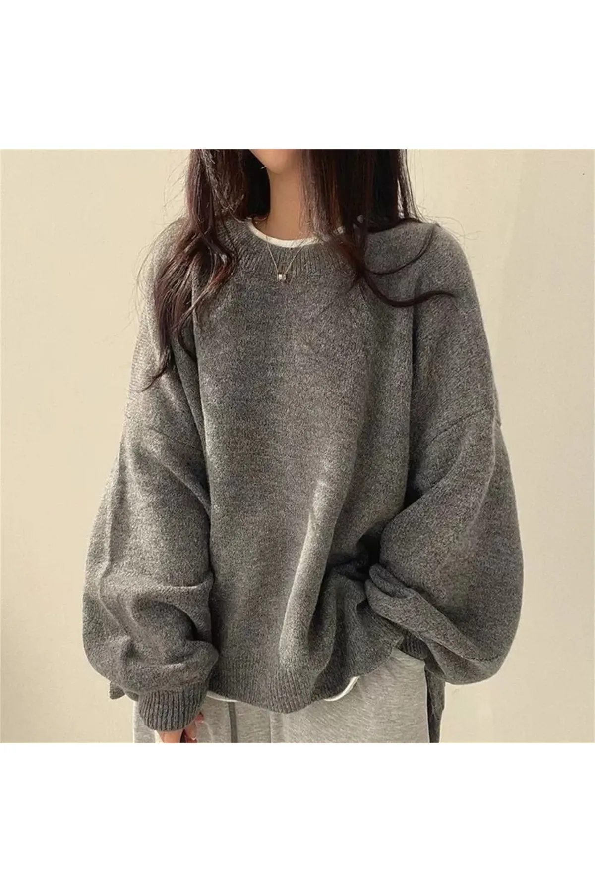 Basic Oversize Bisiklet Yaka Gri Kazak