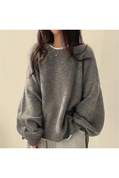 Basic Oversize Bisiklet Yaka Gri Kazak
