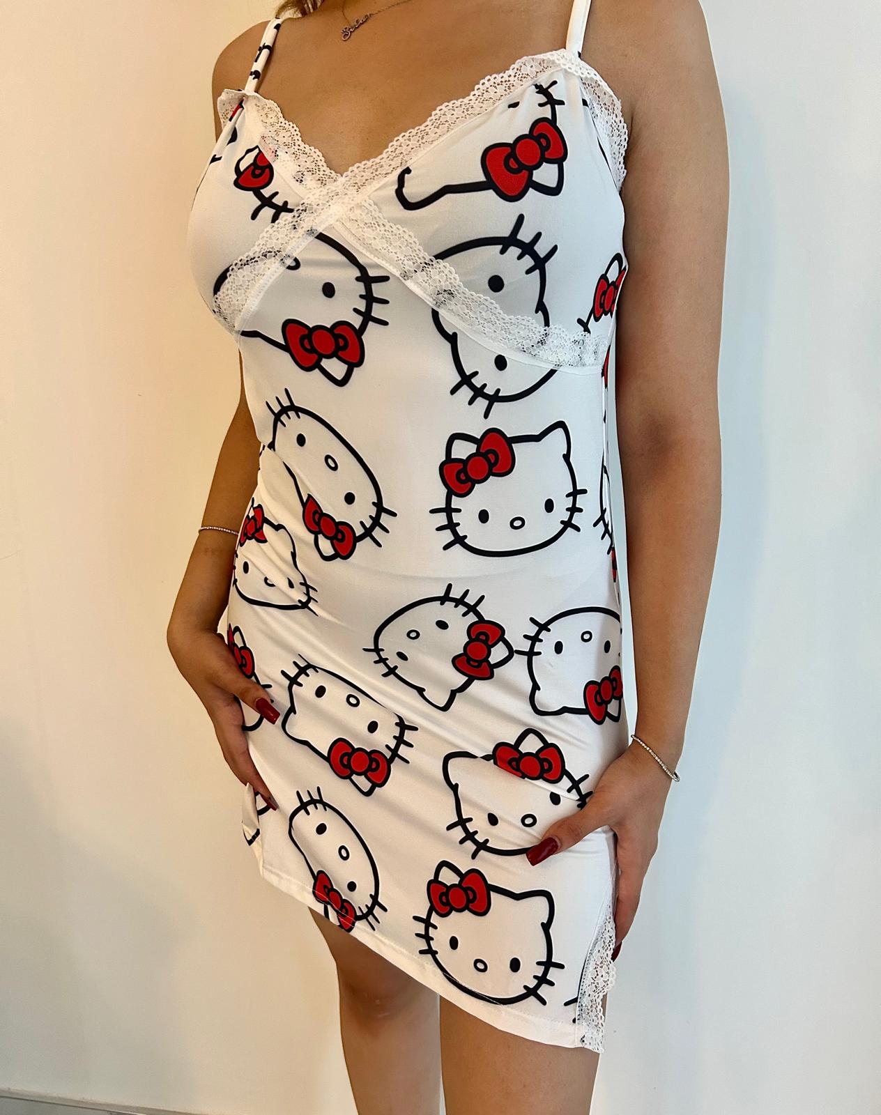 Beyaz Hello Kitty Saten Gecelik