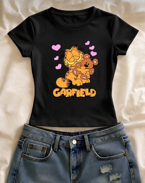 Garfield Baskılı Siyah Kemer Boy Y2K Kısa Kollu Crop