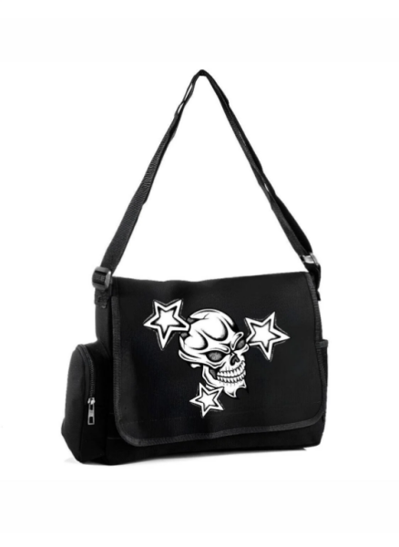 Siyah Skull Star Baskılı Postacı Çantası