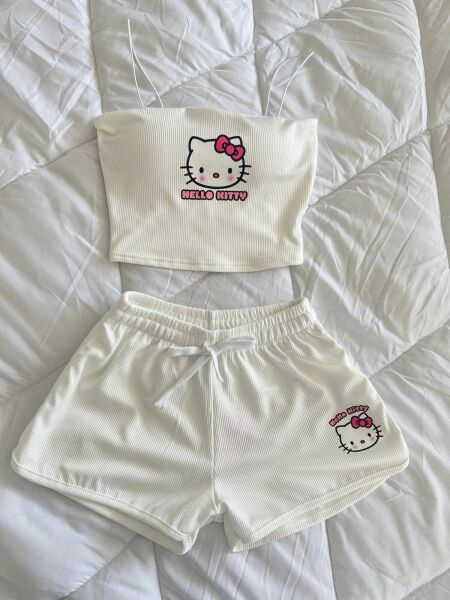 Hello Kitty Askılı Crop ve Şort Pijama Takımı
