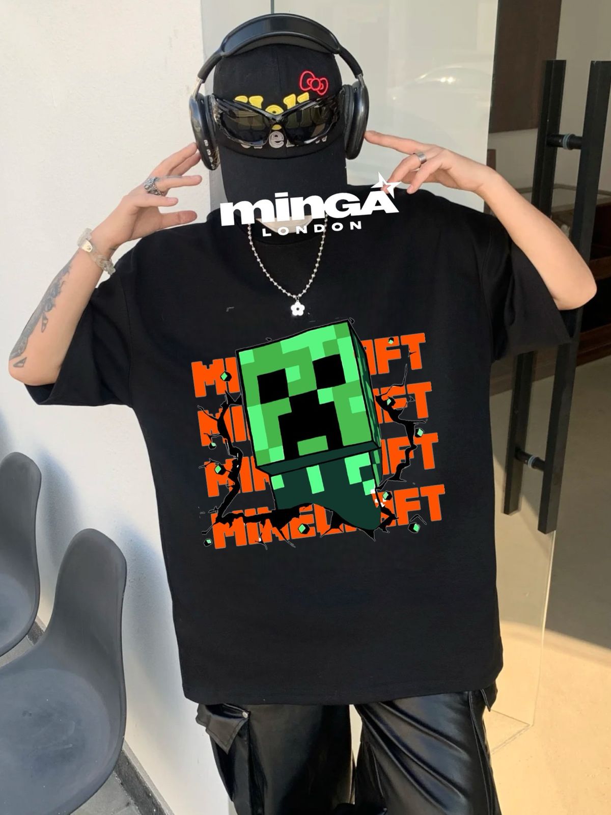 Unisex Siyah Minecraft Bisiklet Yaka T-Shirt
