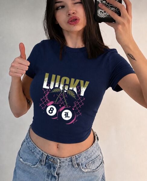Lucky Kiraz Baskılı Lacivert Kemer Boy Y2K Kısa Kollu Crop
