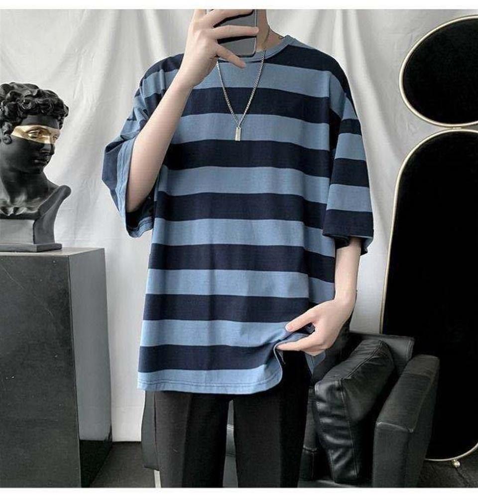 Harajuku Mavi Siyah Çizgili Oversize (Unisex) T-shirt