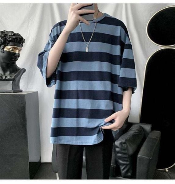 Harajuku Mavi Siyah Çizgili Oversize (Unisex) T-shirt
